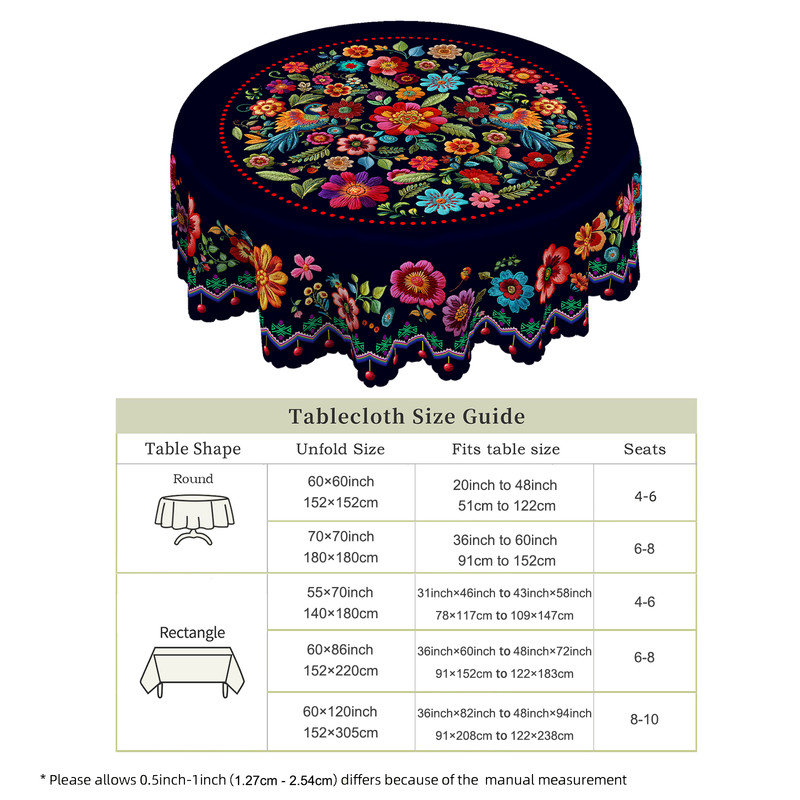 Colorful Floral Pattern Design Washable Black Polyester Tablecloth
