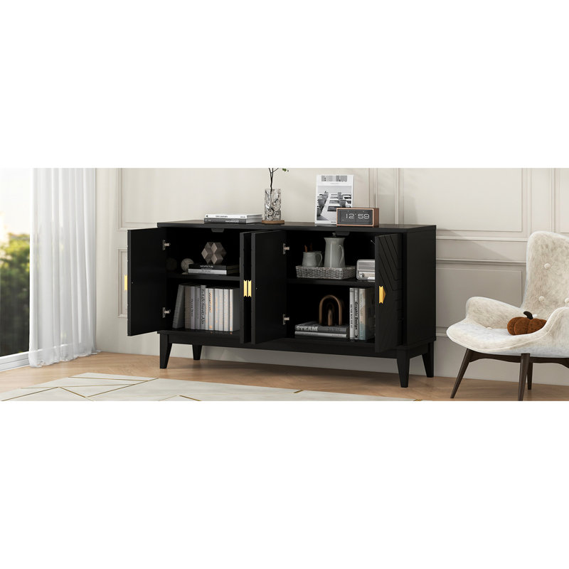 Black Sideboard Storage With 4 Doors. Solid Wood & Material. Adjustable Shelves. Charming Gold Handles. Ample Capacity 4-Door For Dining Room. Black. . Shelf. Stylish Area