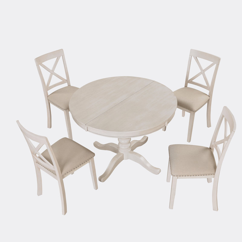Antique White Round Pedestal Dining Set with 4 Chairs