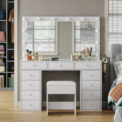 Dressing Table with Power Outlet and LED Mirror, 11 Drawers, 3 Lighting Modes, Glass Top, Stool