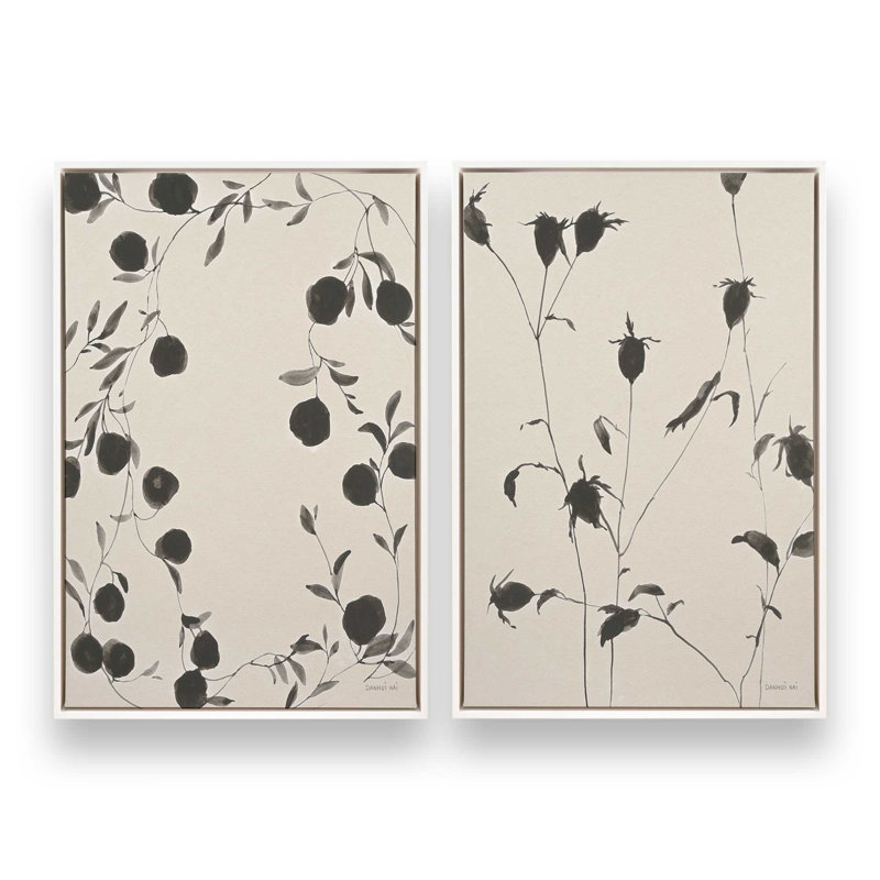 «Black Ink Botanicals», ensemble de 2, Cadre flottant blanc opaque, H 19 po x l 26 po