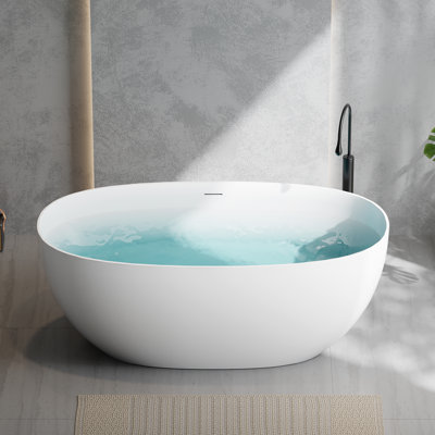 59" x 31" Freestanding Soaking Solid Surface Stone Resin Bathtub with Integrated Overflow and Pop-up Drain Matte White 8845-1500