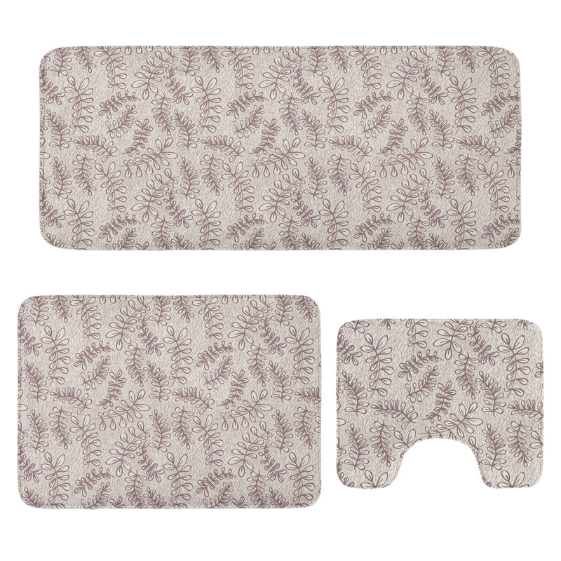  Ensemble de 3 tapis de salle de bain à motif de feuilles en U et de tapis rectangulaires taupe beige
