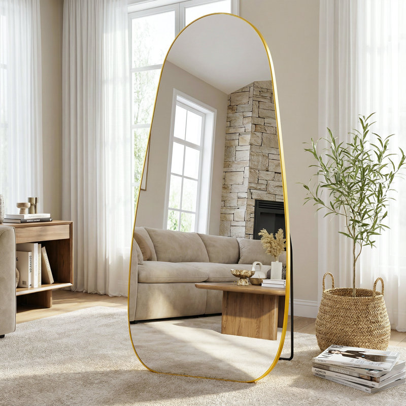 Full Length Mirror, Tear Drop Style Floor Mirror with Stand,Standing Hanging Leaning Irregular Mirrors, Gold, 26" x 69"