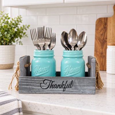 Farmhouse Mason Jar Utensil Holder with Wooden Caddy, 2-Piece Blue Jar Organizer