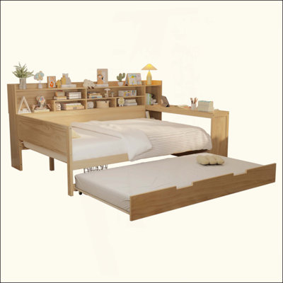 Wooden Daybed With Storage Shelves, Multi-Functional Bed With Trundle Bed And  Study Desk
