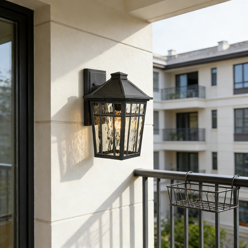 Outdoor Wall Sconce Light Fixture With Water Ripple Glass Shade, Black Aluminum Exterior Wall Lamp For Patio Porch Garage And House, E26 Socket Max 60W