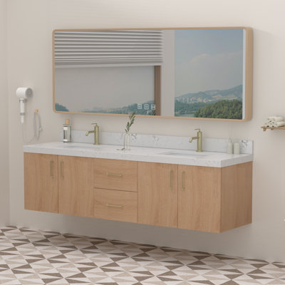 72 po Meuble-lavabo mural moderne avec comptoir en pierre et lavabos en céramique Modern