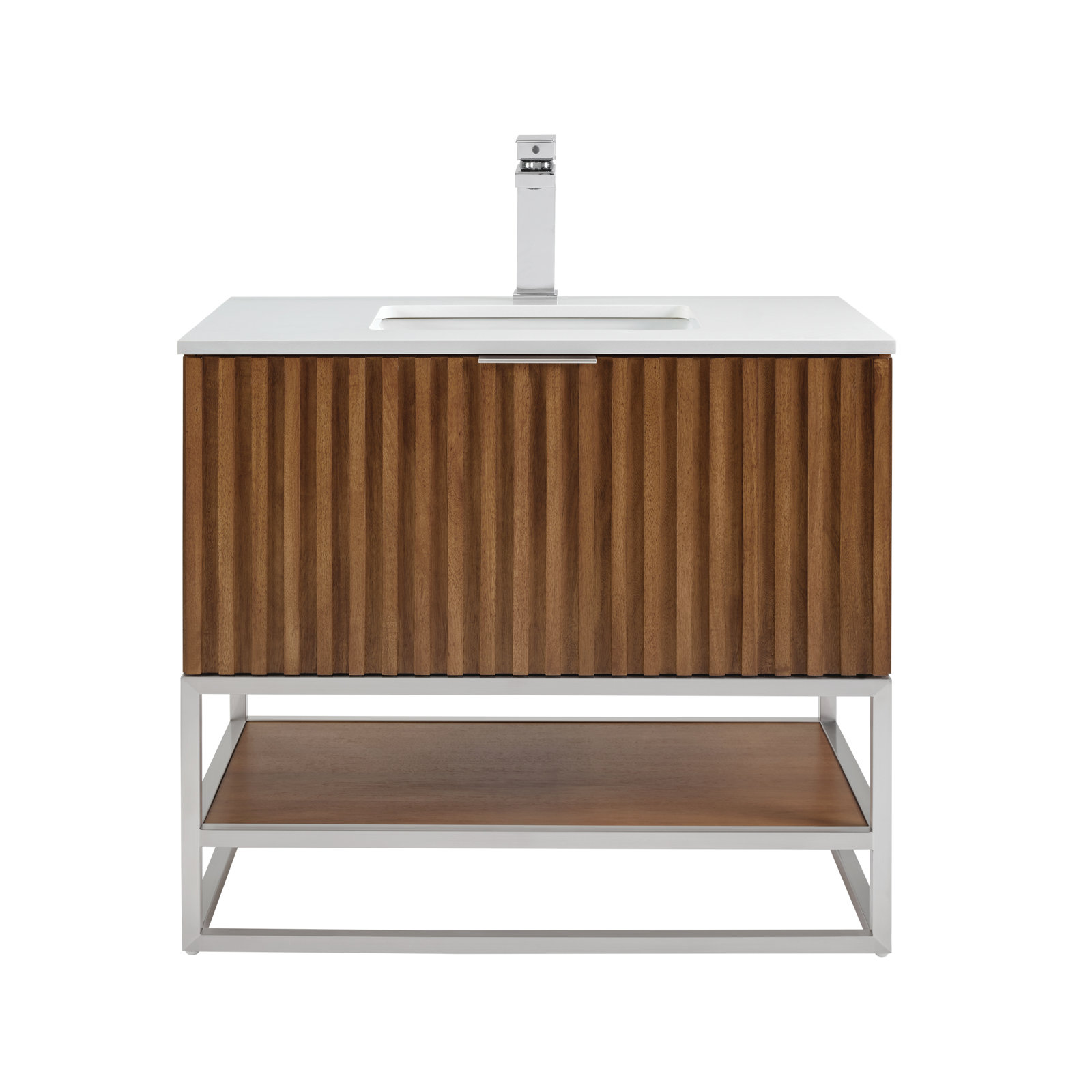 Terra 36'' Single Bathroom Vanity, White Quartz/Single Faucet Mount, Walnut, Brushed Nickel