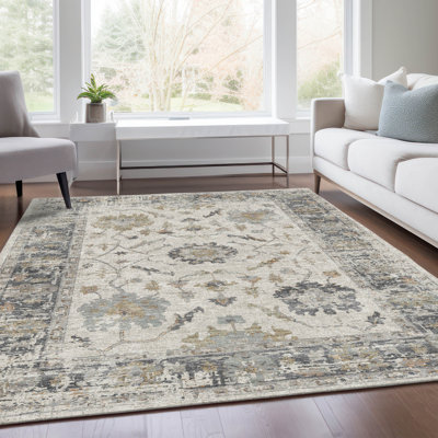 Machine Washable Indoor/Outdoor Xhevrie Ivory Rug