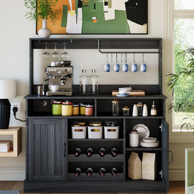 Farmhouse Coffee Bar Cabinet with Power Outlets – Wine Rack, Goblet Holder, 5 Hooks, 3-Tier Buffet, Microwave Stand, LED Light – Dining Room, Kitchen, Living Room, 47 Inch