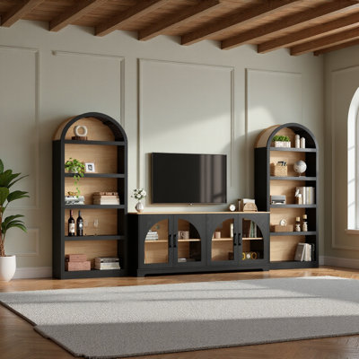 3-piece Retro Tv Stand Set With Bookshelves For Tvs Up To 70" – Farmhouse Entertainment Center With Arched Glass Doors