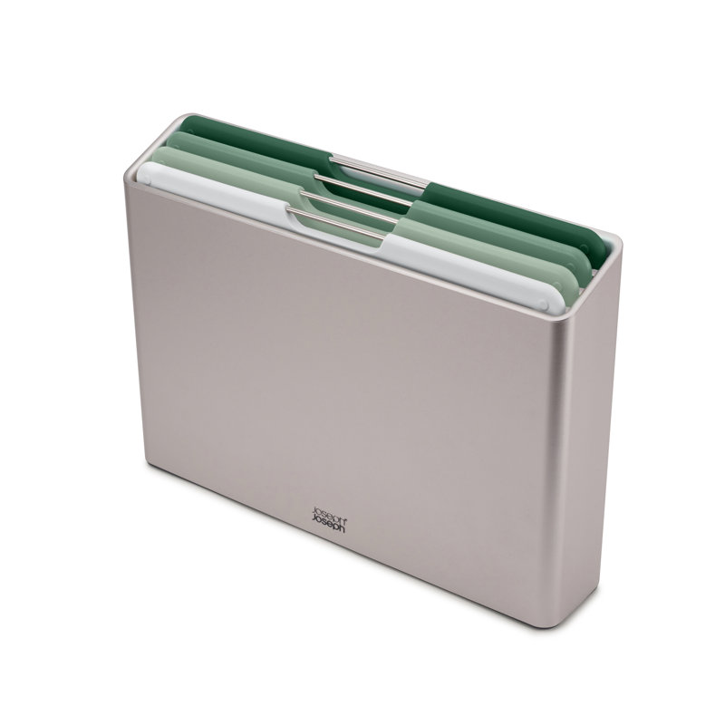 Cutting board set with four color-coded boards in a silver metallic slim storage case