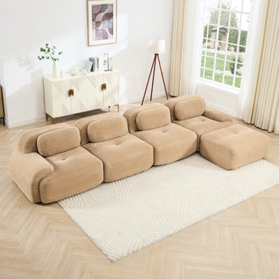 Canapé d'angle modulaire camel en forme de L, 4 places, en velours côtelé, mousse haute densité 32D, antidérapant, sans montage. Conception ergonomique, base antidérapante, extra-large, mousse à mémoire de forme rapide.
