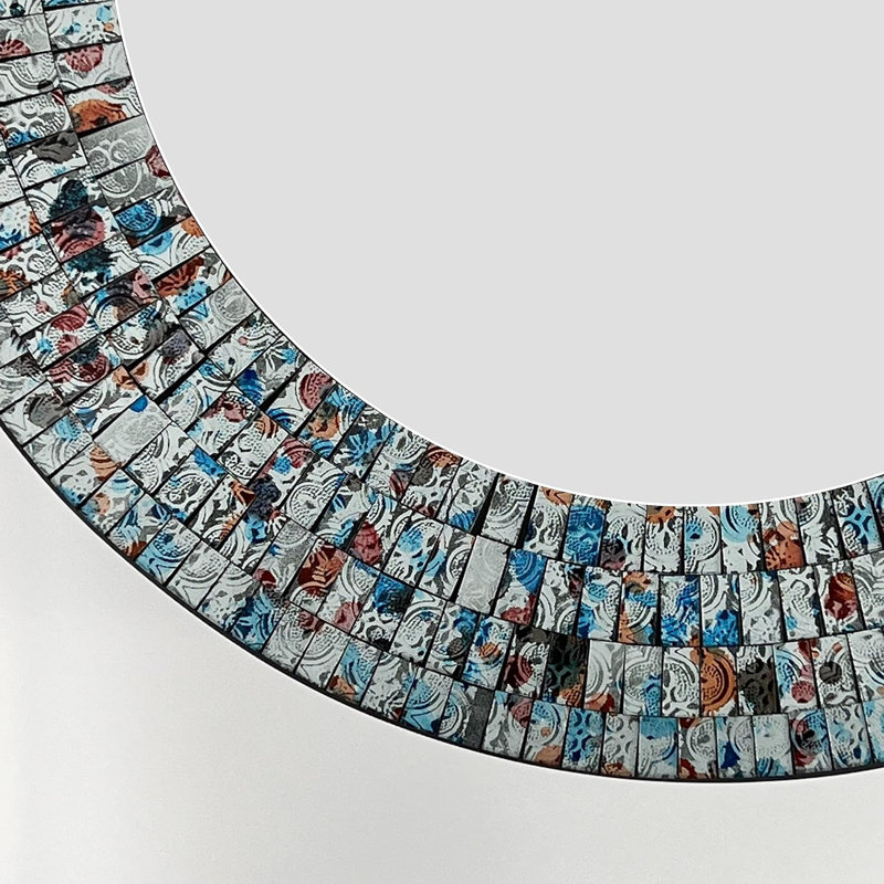 Zorigs Mosaic Mirror, Wall Art Décor – 24” Round Handcrafted Decorative Wall Mirror, Silver, Sky Blue, and Maple Brown Mosaic Tiles with Embedded Imperial Design