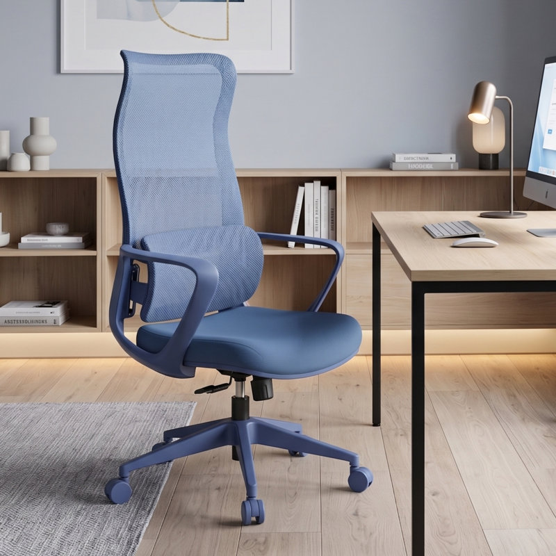 Chaise de bureau ergonomique en filet à haut dossier avec support lombaire réglable, pivotant à 360 degrés, Bleu, Bleu