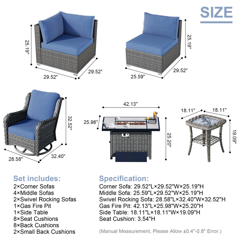 Ralfs 8 - Person Modular Patio Conversation Set with Cushions, Denim Blue