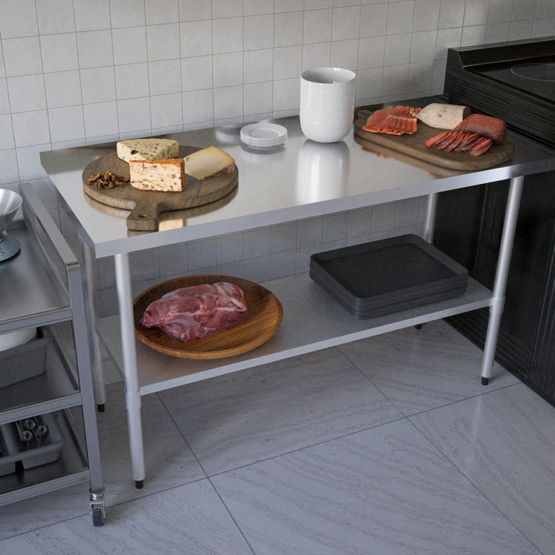 Table de préparation 24 po x 60 po en acier inoxydable avec tablette réglable et pieds galvanisés, table de travail commerciale robuste