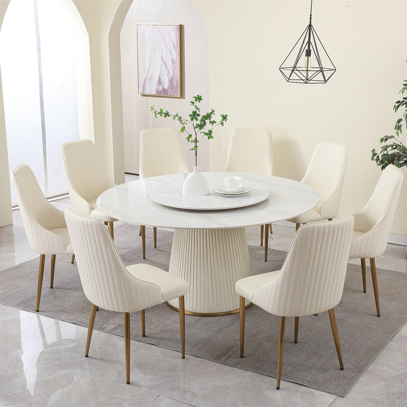 Table de salle à manger moderne en pierre frittée de 59 po avec table tournante ronde de 31,5 po et piédestal en métal exquis avec 8 chaises.