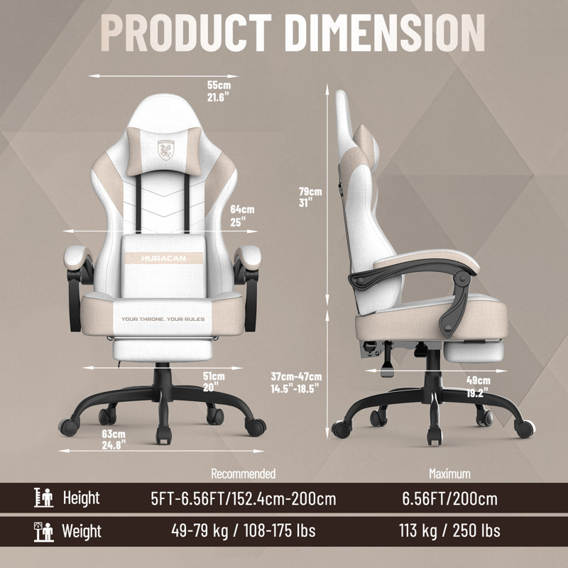 Fauteuil de jeu ergonomique en tissu de lin avec repose-pieds de massage Luxvie, Beige / café