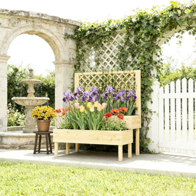 Jardinière surélevée d'extérieur, à deux niveaux avec treillis, pour un jardinage confortable sans se baisser, finition à base d'eau, bois de sapin, montage facile, conception monobloc, supporte diverses plantes grimpantes