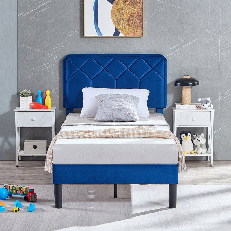 Twin Platform Bed Frame with Velvet Upholstered Headboard and Wooden Slats Support, Mattress Foundation/No Box Spring Needed