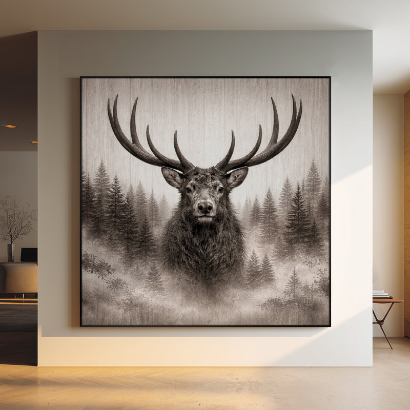Très grand reproduction d'art sur toile - Portrait de cerf gris, décor de salon rustique - «Assemblage requis du cadre (cadre non fini)»