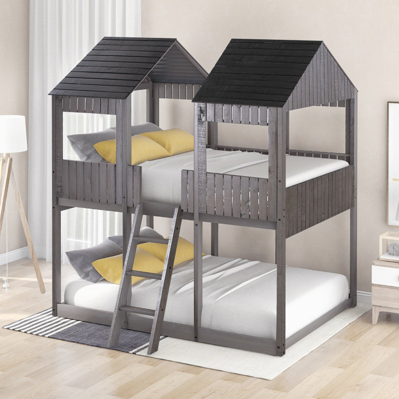 Lit superposé en bois gris antique avec garde-corps et - Safe Climbing Sleeping, Gris antique