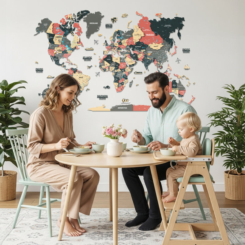 3D Wooden World Map Wall Art with Flag Stickers – Large Wood Map Décor & Travel Tracker for Living Room, Office & Study, Sage