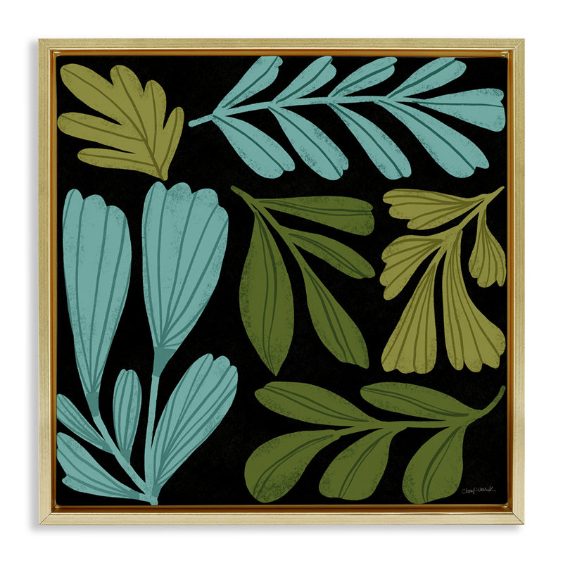 «Varied Leaves Collage» par Cheryl Warrick, H 25 po x l 25 po, Cadre flottant métallique doré
