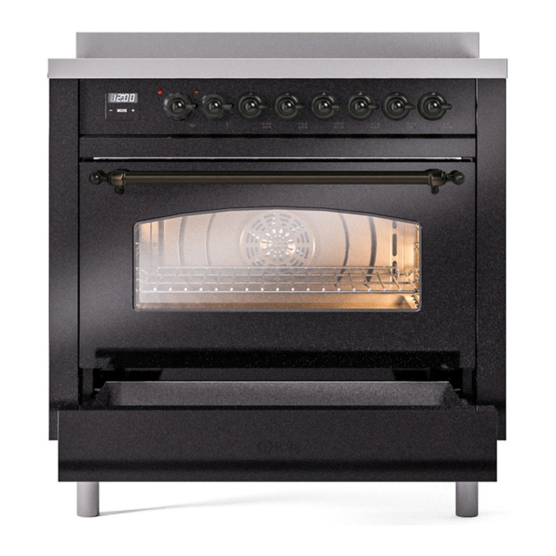 ILVE Nostalgie II Series 36 inch Induction Range with 6 Induction Elements (Glass Door), Glossy Black/Bronze