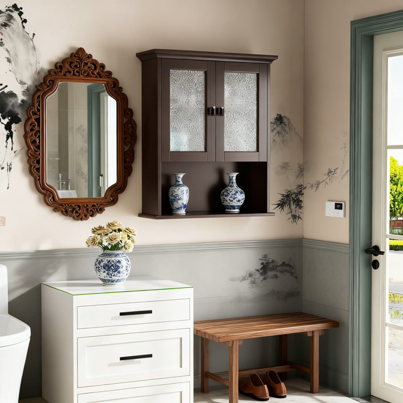 Armoire à pharmacie murale avec porte en verre trempé - Organisateur de rangement au-dessus de la toilette avec charnières et système de tasseaux