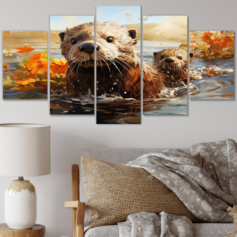  «Brown Otters Odyssey - Reproduction d'art mural animaux - 5 panneaux