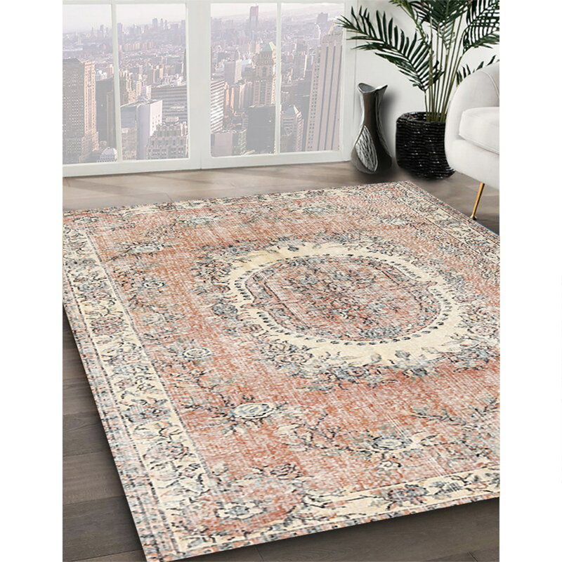 Tapis oriental orange / crème / gris, Rond 7 pi
