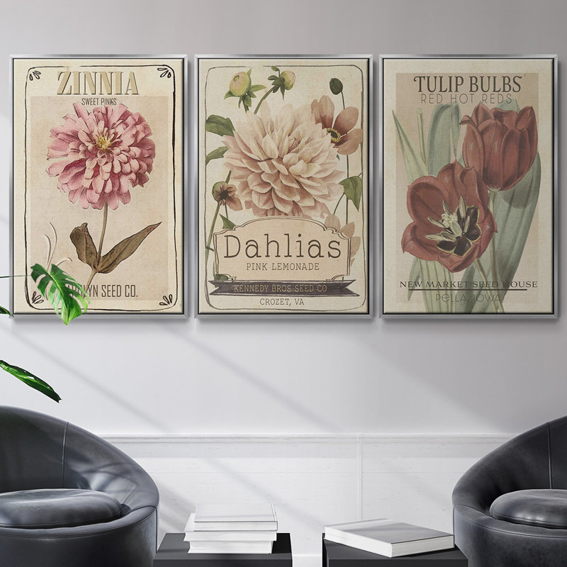 Ensemble de 3 paquets de graines rétro II encadrés sur toile, H 36 po x l 72 po, Argent