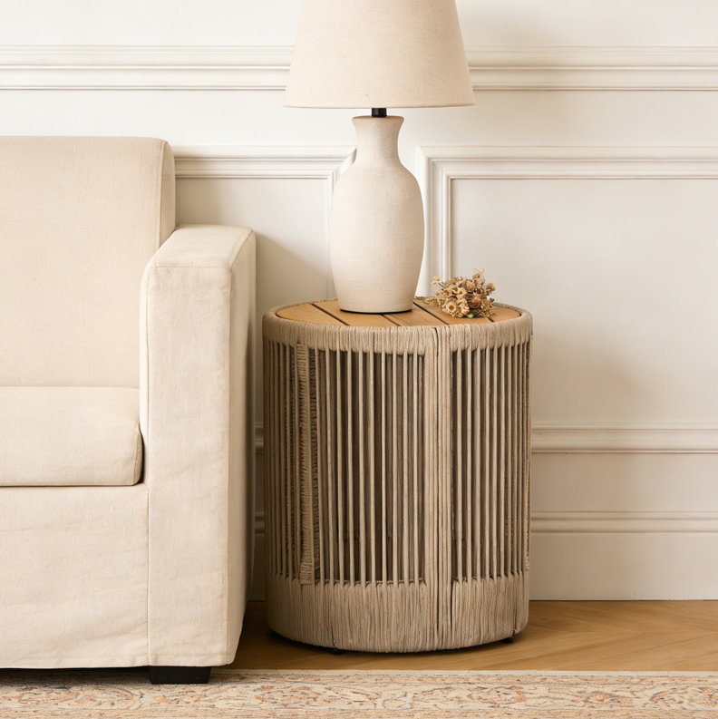Table d'appoint d'extérieur en bois de rotin, Teck et beige