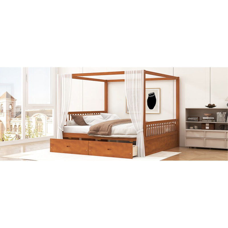 Très grand lit en noyer avec auvent et rangement, construction de haute qualité, bois de conception classique, style polyvalent