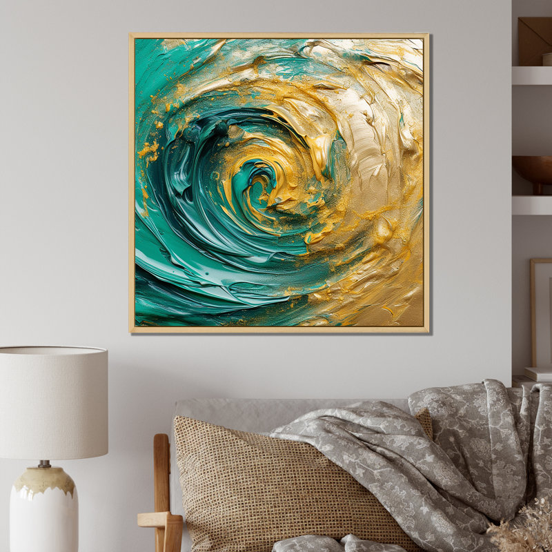 «Golden Ocean Swirling Waves», art mural spirales abstraites, H 36 po x l 36 po x P 1,5 po, Cadre flottant érable