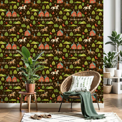Peel and Stick Wallpaper Equestrian illustrations horse life farming dressage eventing jumping Contact Paper Removable Self Adhesive Wall Mural Wall Decor for Bedroom Kitchen Cabinets 17.7in x 118in