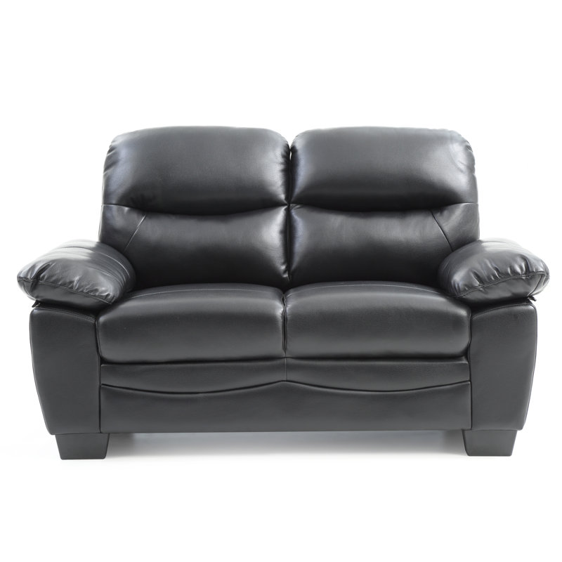 Mouton Faux Leather Pillow Top Arm Loveseat, Black Faux Leather, 35"H x 59"W x 33"D