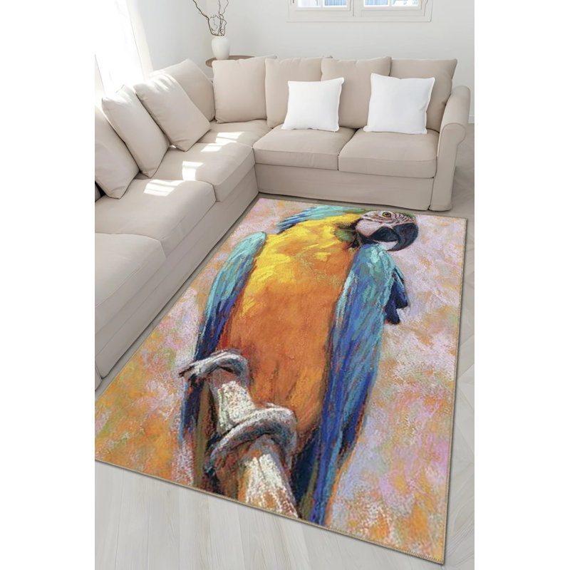 Blue Yellow Themed Parrot Patterned Creative Modern Decorative Carpet, Rectangle 4' x 5'11"