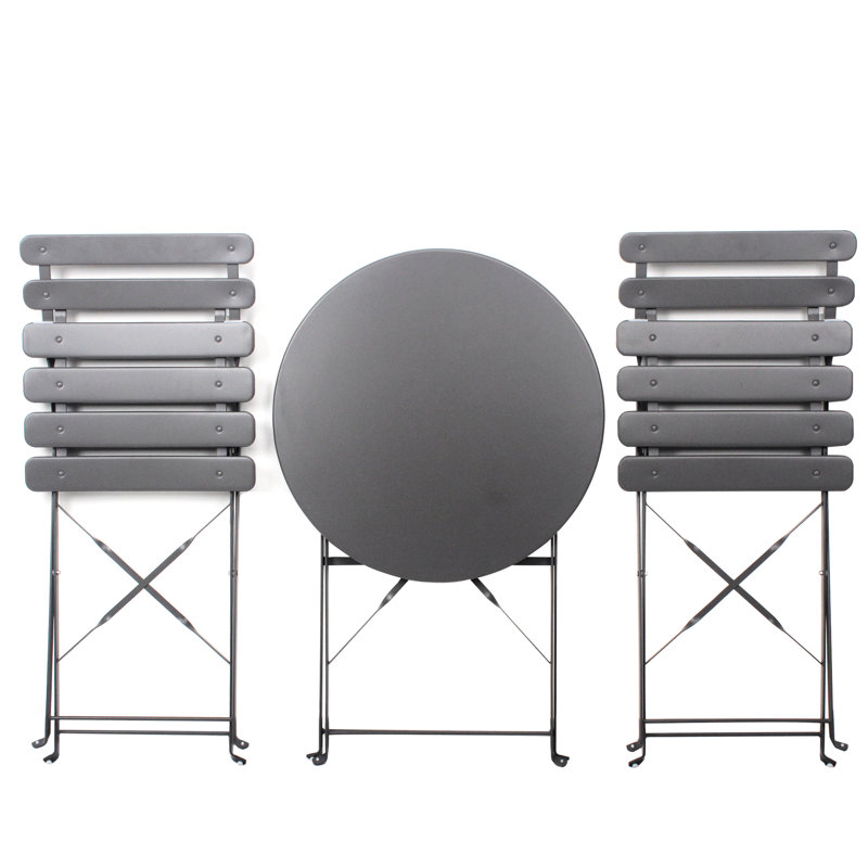 Gray Patio Chair Table 3 Pieces , Metal Construction With Rust Resistance, Folding Style, Comfortable Seating, Fade Cushions, Easy Upkeep And Installation Actions - Pieces, Frame, Fashionable Design,