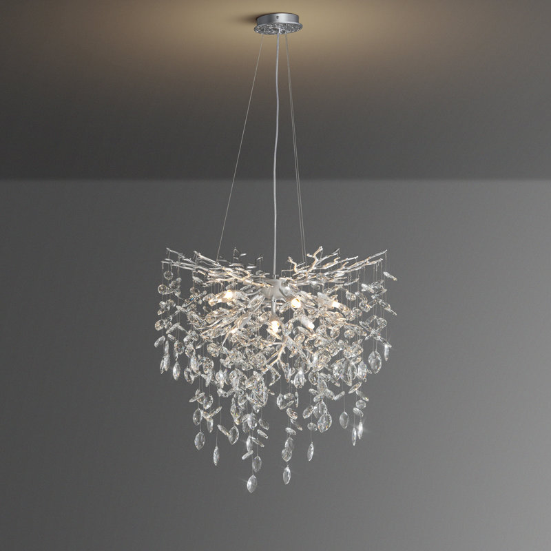 Modern 8-Light Chrome Crystal Chandelier With Tree Branch Design”, Silver, 27.56" H x 23.62" W x 23.62" D