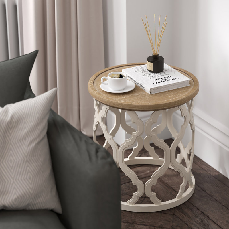 Table de bout ronde Dozier, Plateau en bois naturel / base blanche