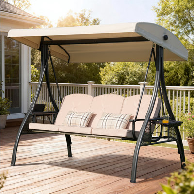 3-in-1 Convertible 3-Person Outdoor Porch Swing with Canopy, Adjustable Backrest, Cushions and Cup Holders(Square Tube,Khaki)