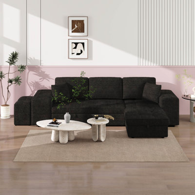 104.5" Convertible Sleeper Sectional Sofa Set, With Pull-Out Bed & Storage Chaise And 2 Stools, 3 Seat Reversible L Shape Couch