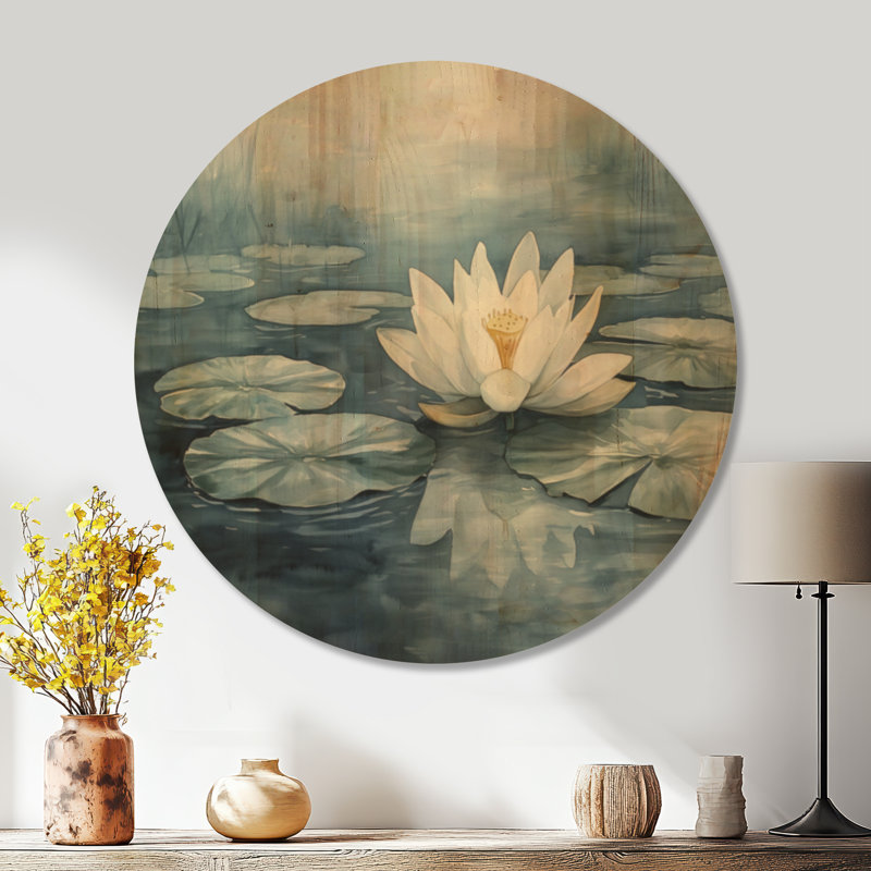 «White Lotus Calm - Botanical Round», reproduction d'art murale en bois, 36" Round, Rond