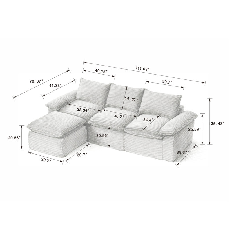 111.03" Modular Sectional, Dark Gray Corduroy