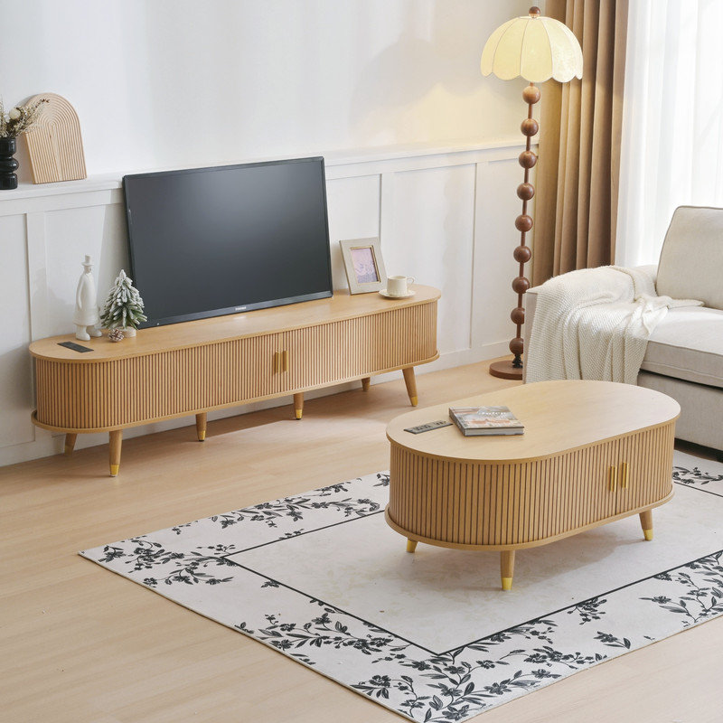 Coffee Table Set With TV Stand for TVs up to 80", Natural Teak