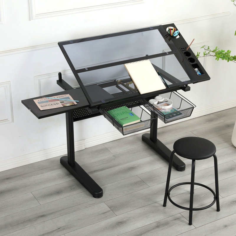 Table à dessin à manivelle réglable avec 2 tiroirs en métal (noir) et tabouret
